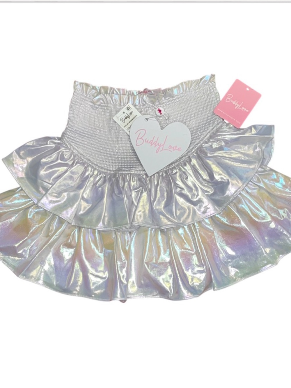 Buddy Love White Shimmer Mini Skirt Lined Shorts Ruffle Smocked NWT Girls  XS